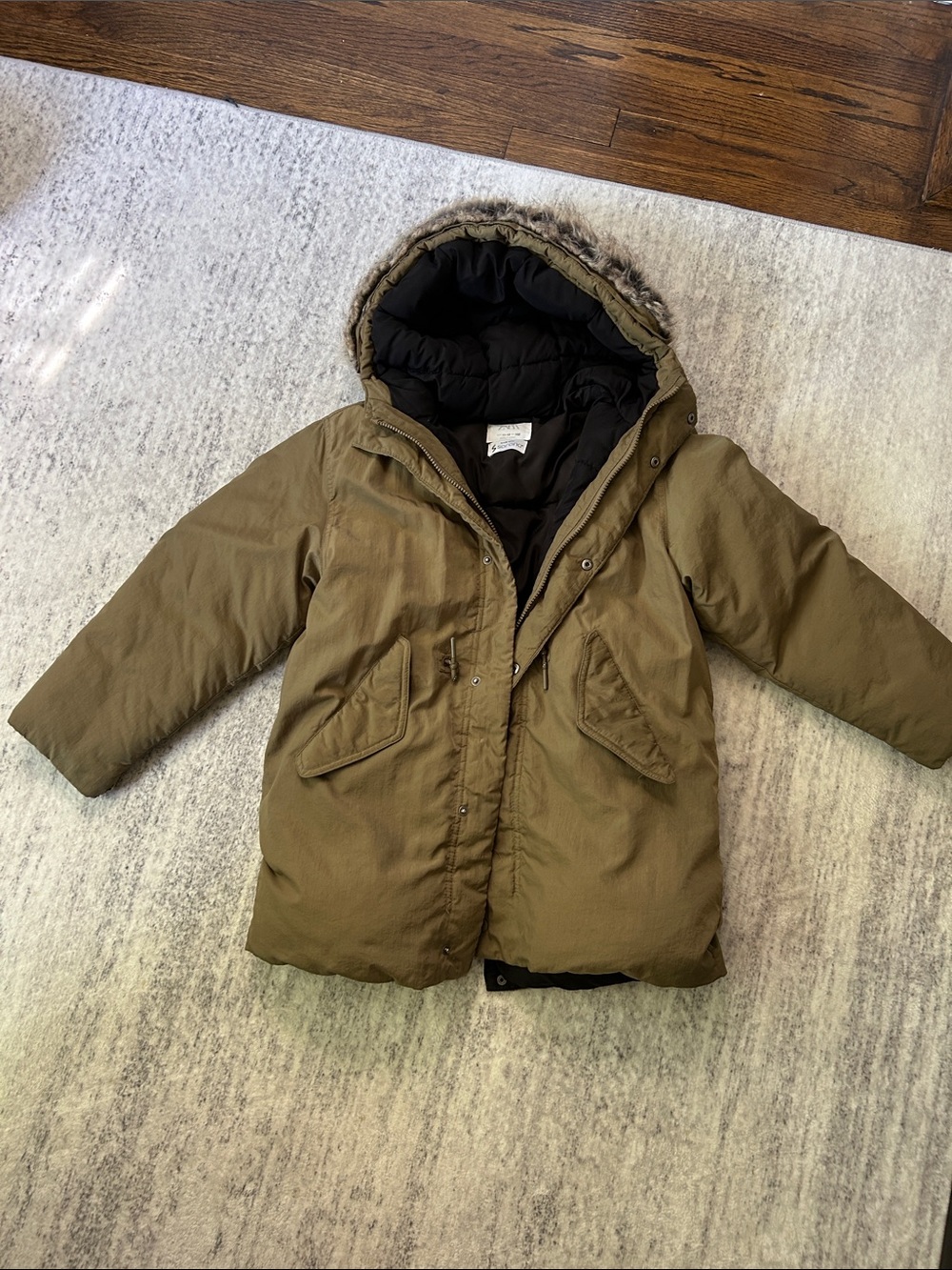 Zara Kids Olive Green Hooded Winter Coat